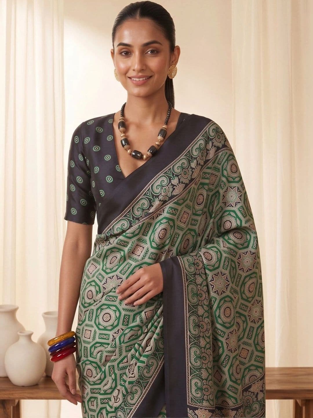 Saree mall Ajrak Block Poly Crepe Designer Block Print Sarees thumbnail 4