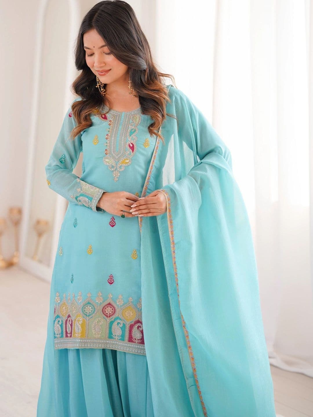 VASTRABELLA Women Ethnic Motifs Embroidered Regular Thread Work Kurta with Sharara & With Dupatta thumbnail 5
