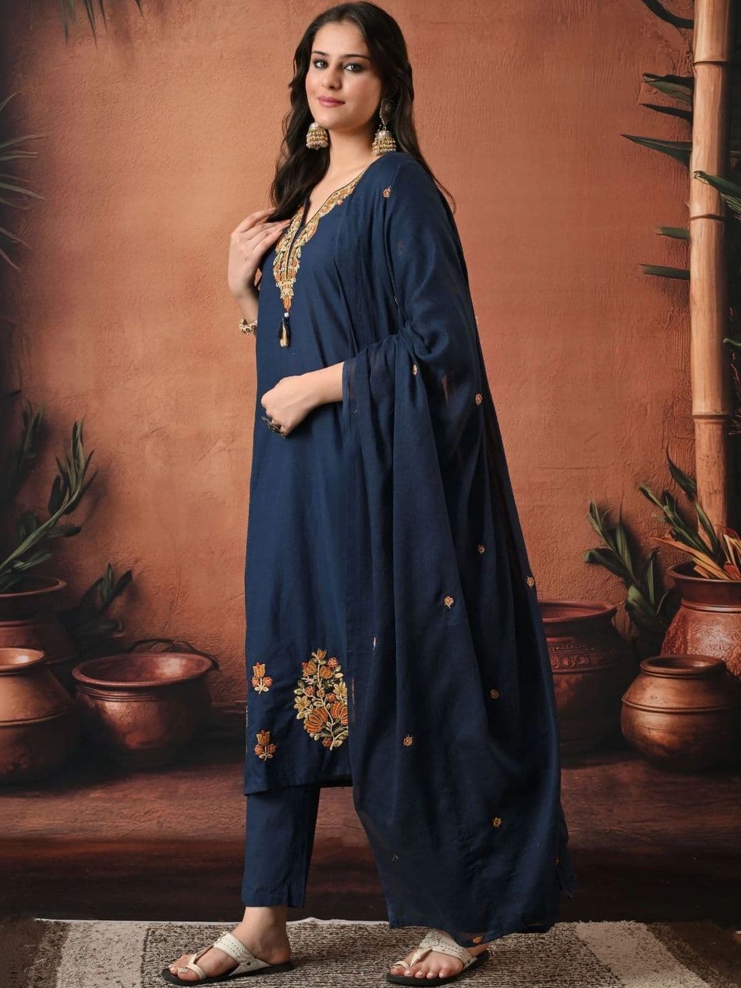 Encourage Women Ethnic Motifs Embroidered Regular Thread Work Kurta with Trousers & With Dupatta thumbnail 6