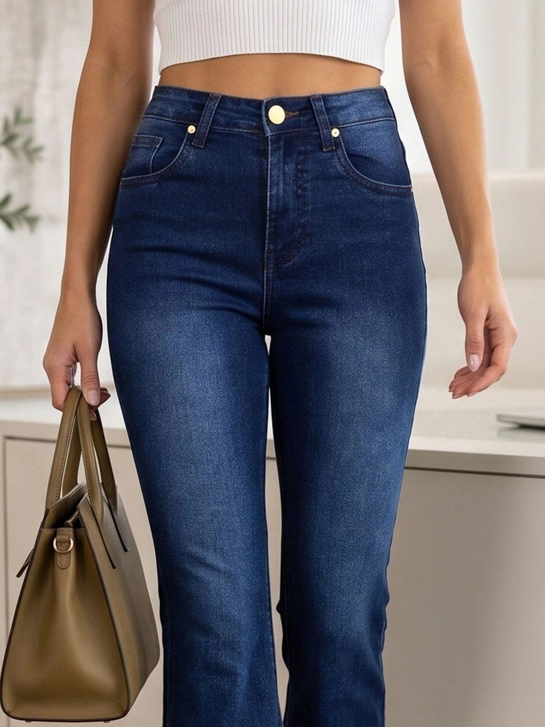 Style Quotient Women Classic Wide Leg High-Rise Low Distress Cuffed Hem Stretchable Jeans thumbnail 5