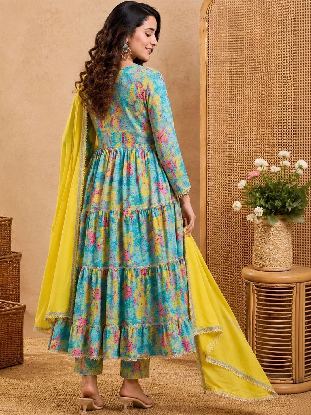 Sangria Printed Mirror Work Anarkali Kurta Set With Tasseled Dupatta thumbnail 4