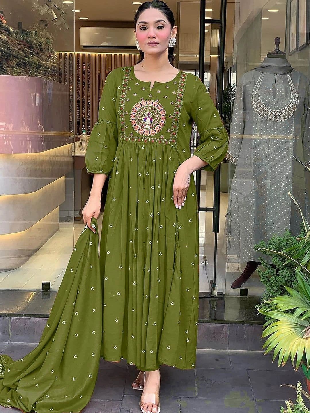 FIC FUSION CULTURE Women Ethnic Motifs Embroidered Pleated Thread Work Kurta With Dupatta thumbnail 2