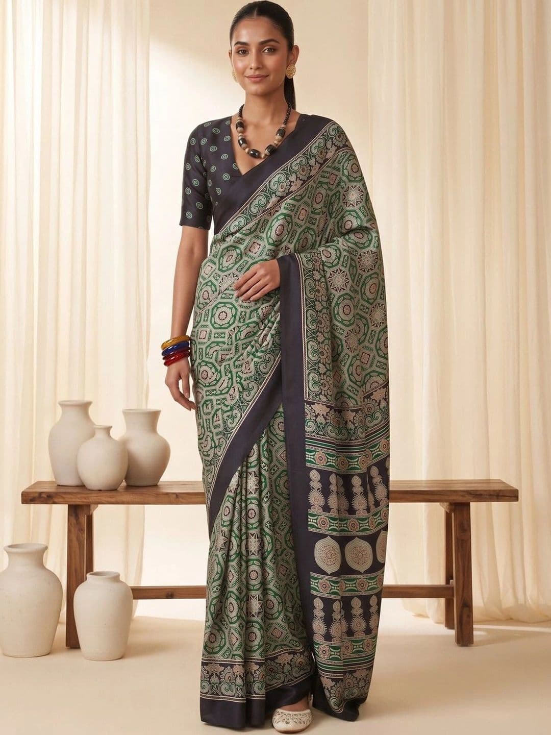 Saree mall Ajrak Block Poly Crepe Designer Block Print Sarees - view 1