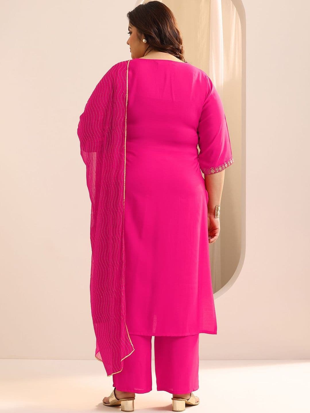 EXTRA LOVE BY LIBAS Plus Size Pink Yoke Design Silk Blend Straight Suit Set With Dupatta thumbnail 2