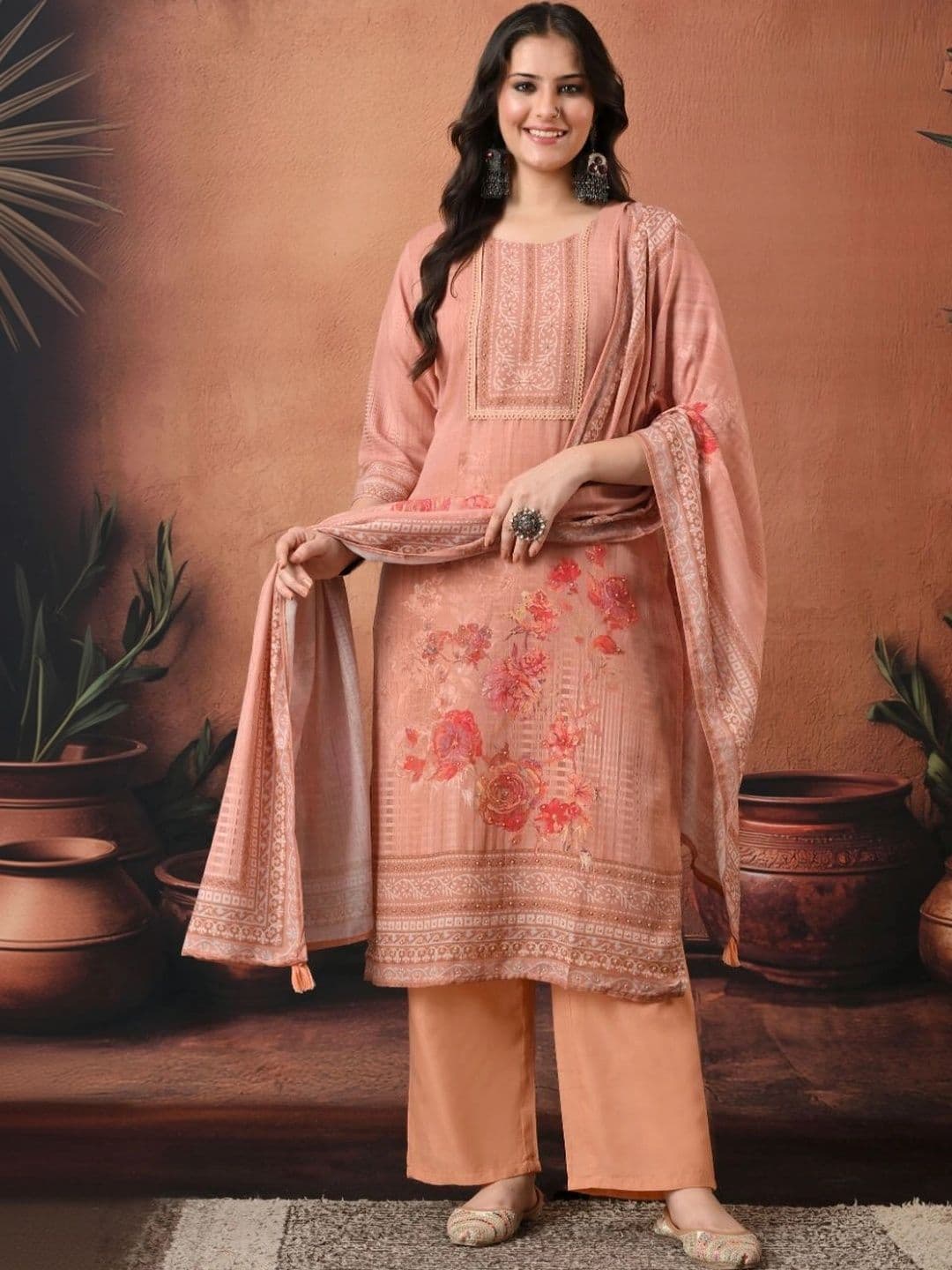 Encourage Women Floral Printed Regular Pure Cotton Kurta with Palazzos & With Dupatta - view 1