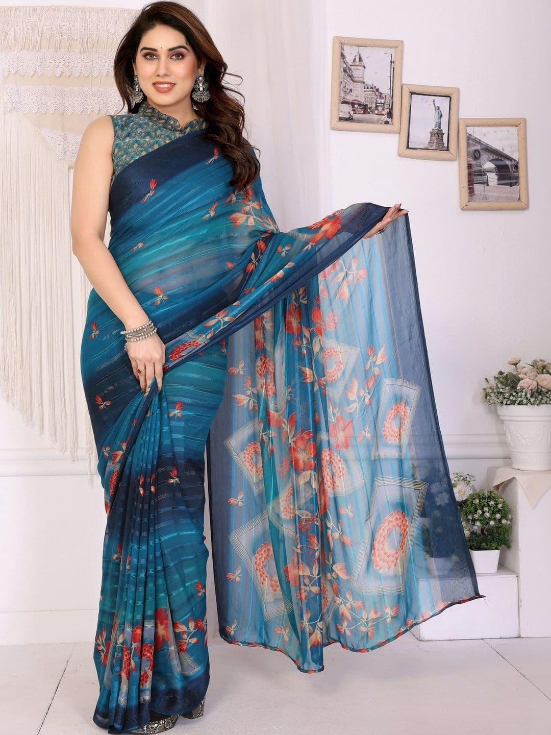Owee Floral Pure Chiffon Designer Saree thumbnail 5