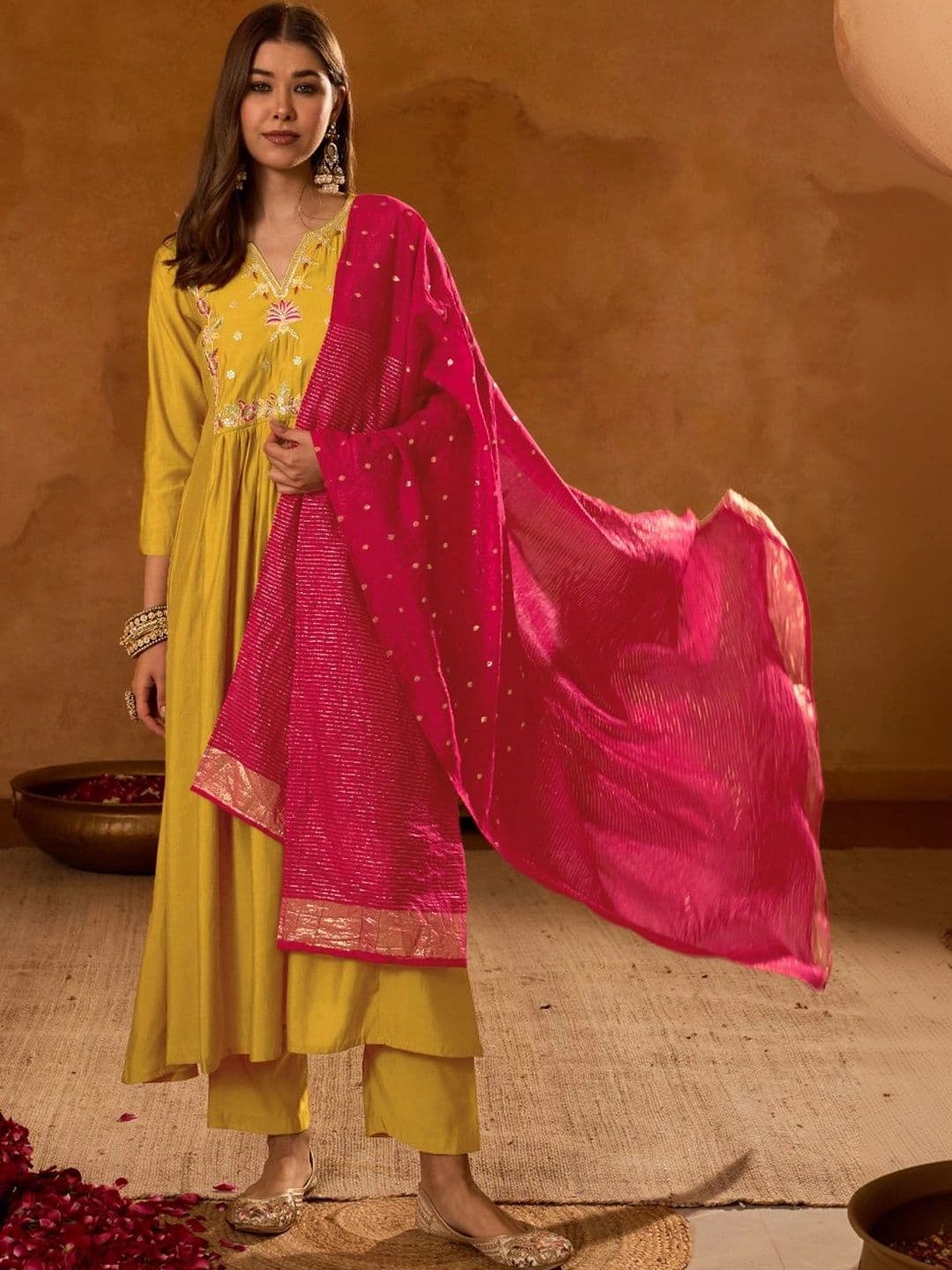 SMITSAREE Women Ethnic Motifs Embroidered Empire Thread Work Kurta with Trousers & With Dupatta - view 1