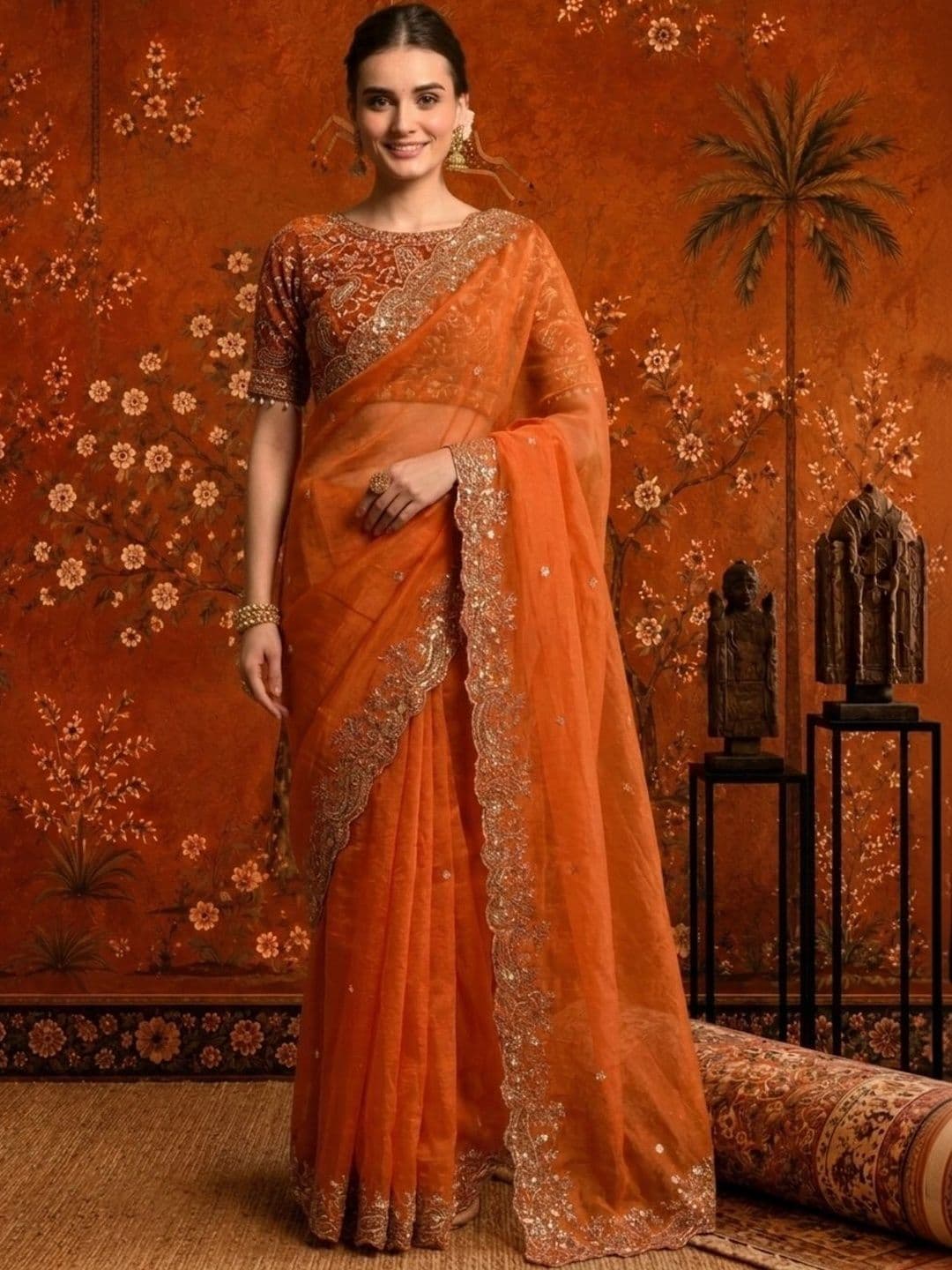 Sangria Embellished Embroidered Satin Saree thumbnail 2