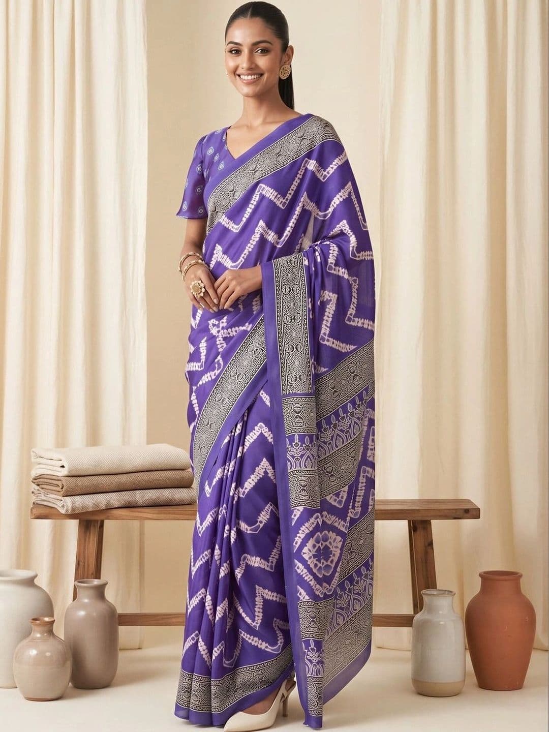 Saree mall Batik Satin Designer Block Print Sarees - view 1