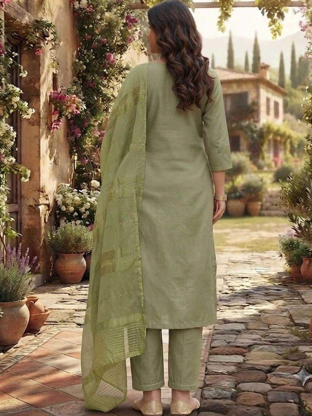 DIVASTRI Women Ethnic Motifs Embroidered Regular Thread Work Chanderi Cotton Kurta with Trousers & With thumbnail 2