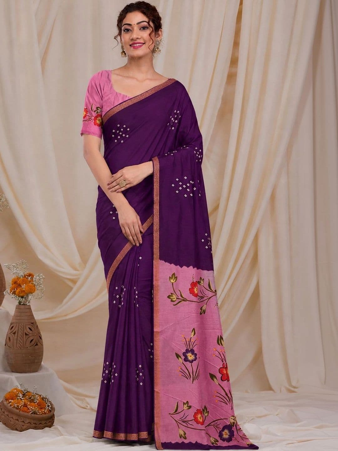 RegalDrapes Floral Embroidered Bandhani Saree - view 1