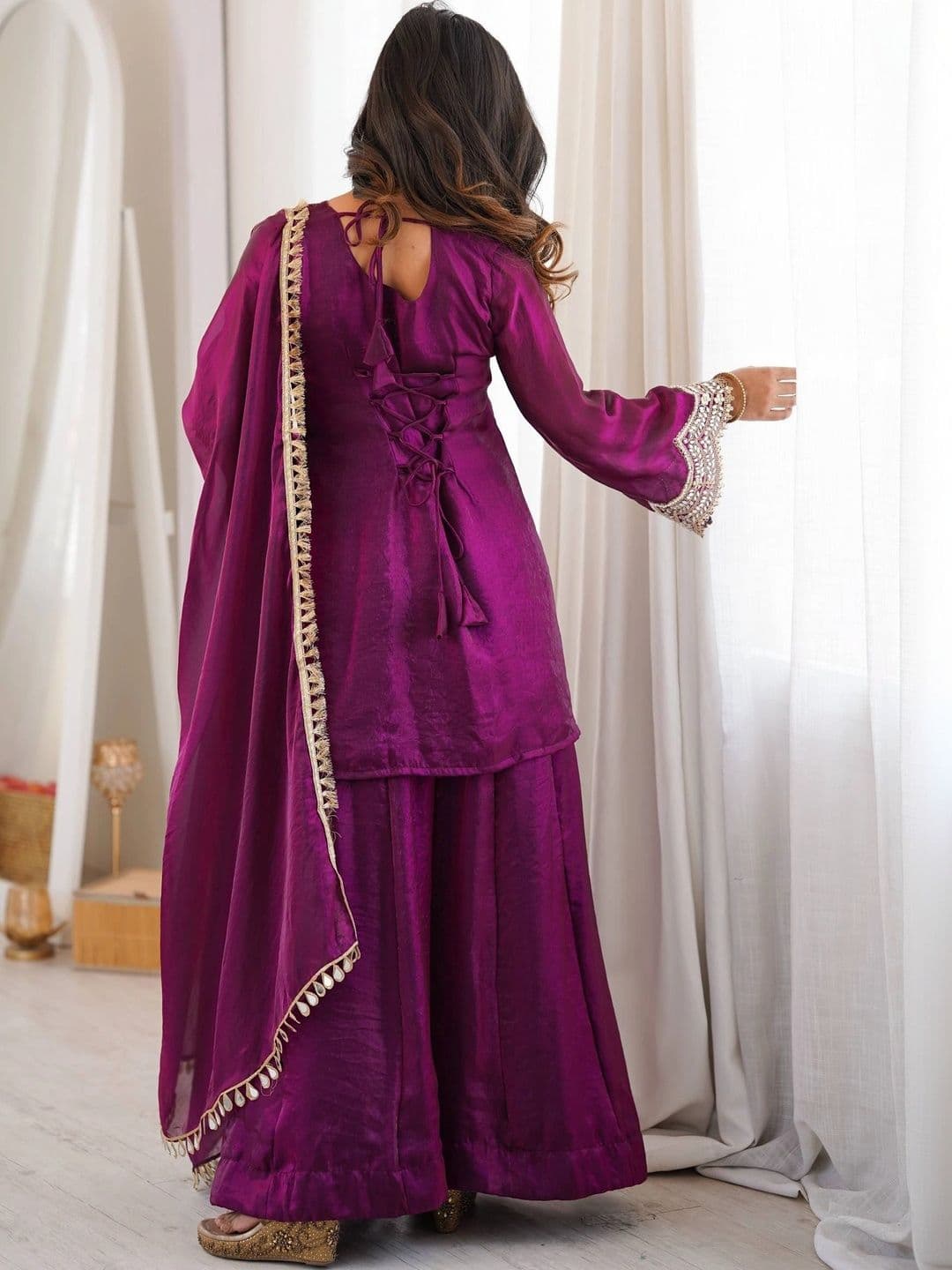 VASTRABELLA Women Ethnic Motifs Embroidered Regular Pure Silk Kurta with Sharara & With Dupatta thumbnail 2