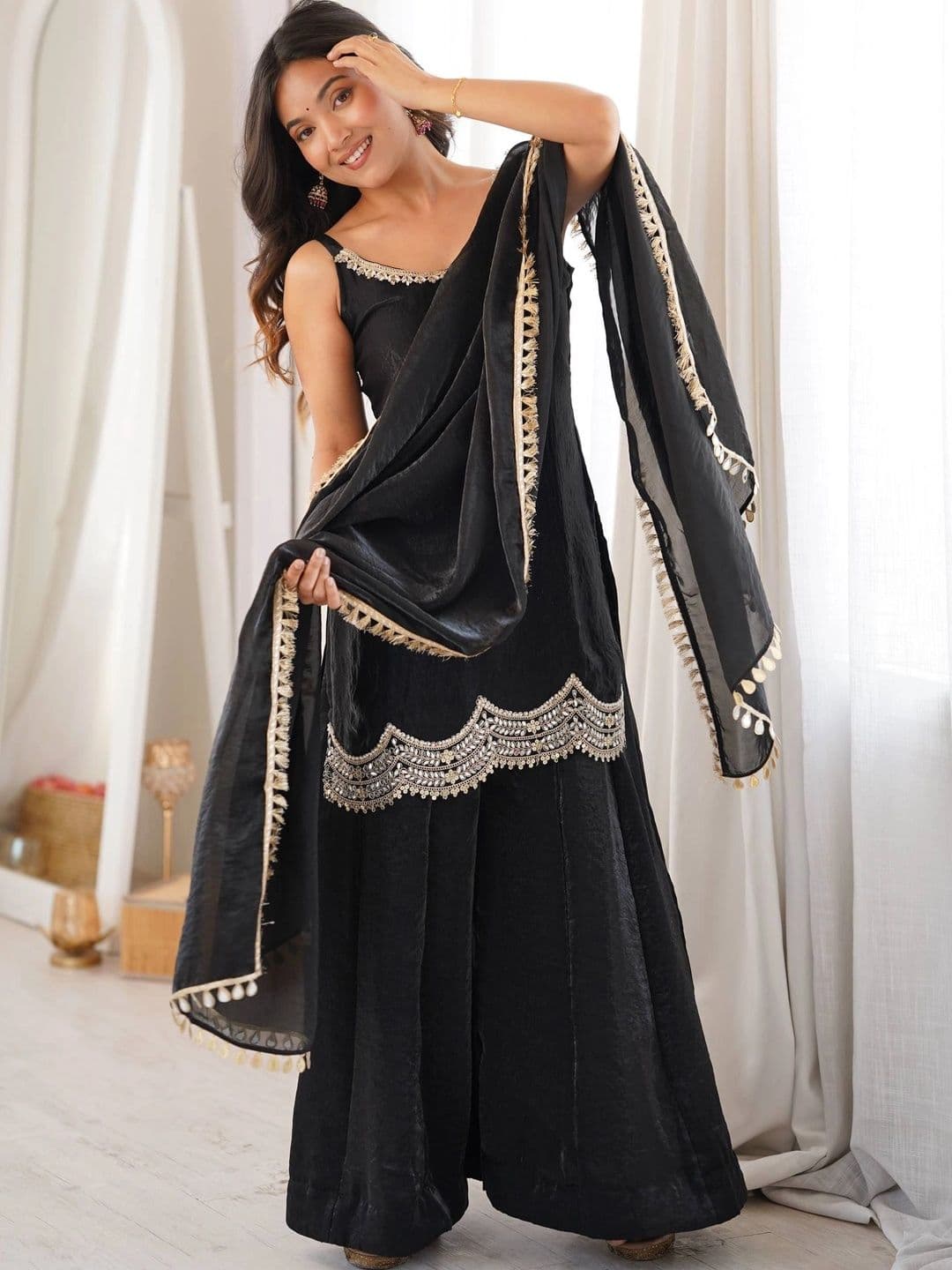VASTRABELLA Women Ethnic Motifs Regular Gotta Patti Pure Silk Kurta with Sharara & With Dupatta thumbnail 4