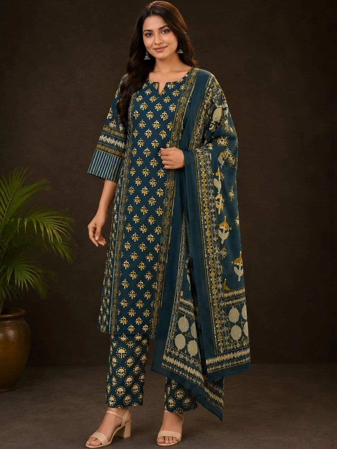 Harvi Women Ethnic Motifs Printed Regular Pure Cotton Kurta with Trousers & With Dupatta - view 1