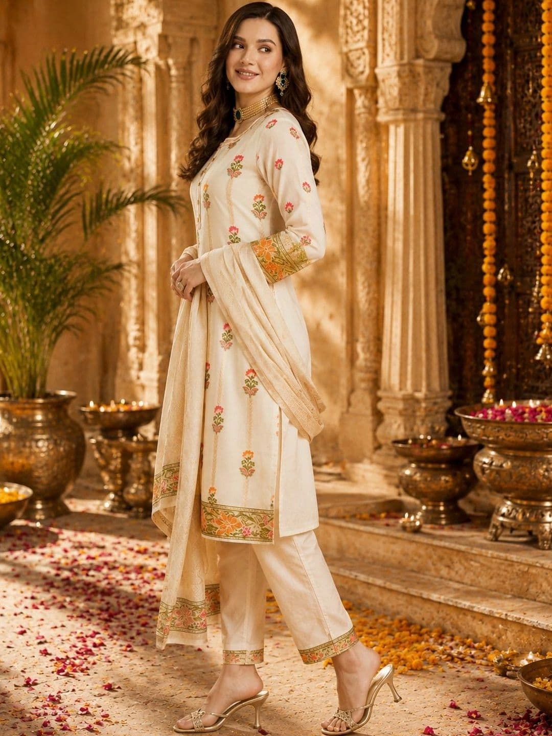 Mitera Women Ethnic Motifs Embroidered Regular Thread Work Chanderi Silk Kurta with Trousers & With Dupatta thumbnail 7