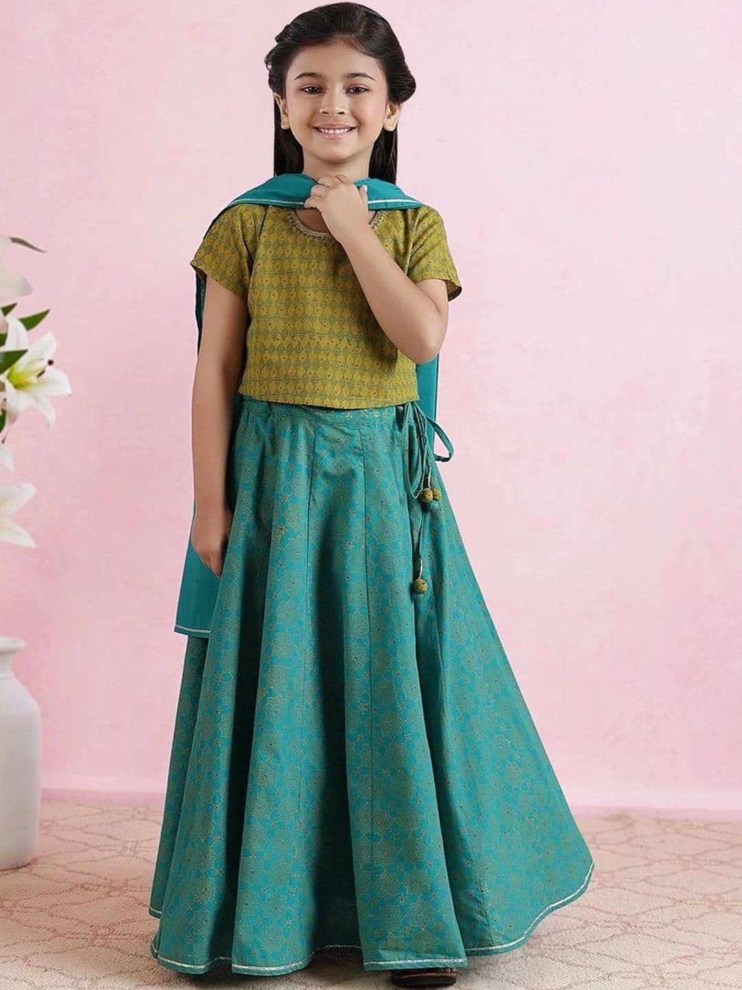 Fabindia Girls Printed Block Print Ready to Wear Lehenga & Blouse With Dupatta thumbnail 7