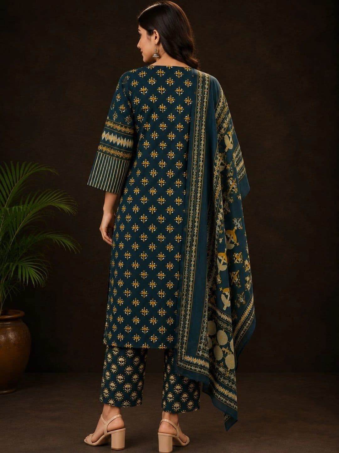 Harvi Women Ethnic Motifs Printed Regular Pure Cotton Kurta with Trousers & With Dupatta thumbnail 2