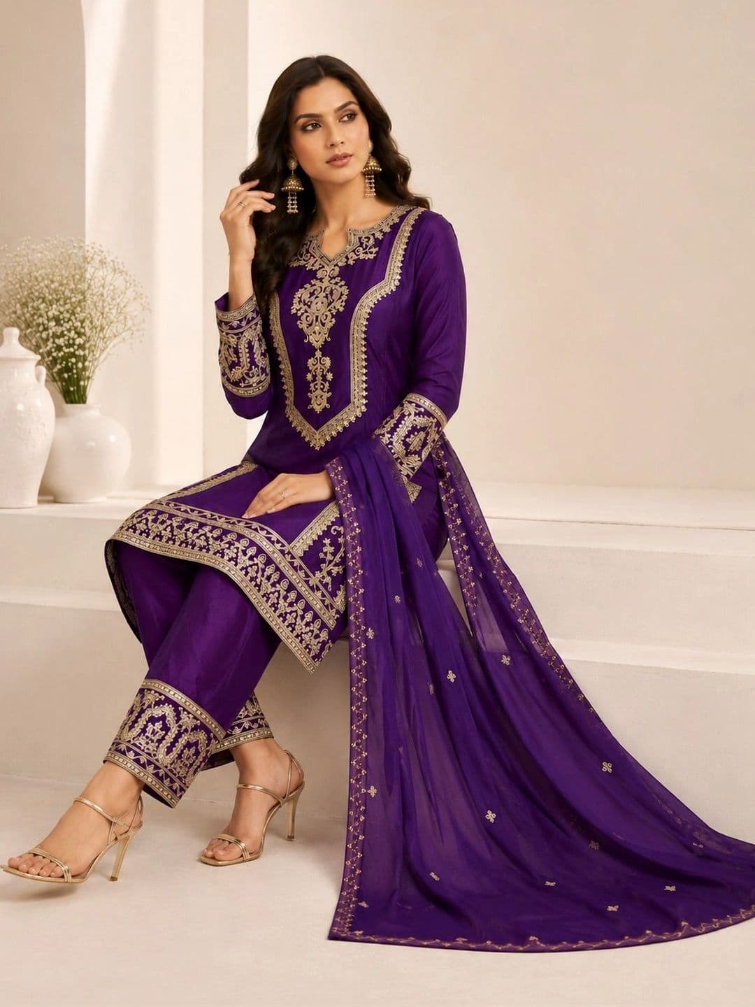 Mitera Women Ethnic Motifs Embroidered Regular Kurta with Trousers & With Dupatta thumbnail 5
