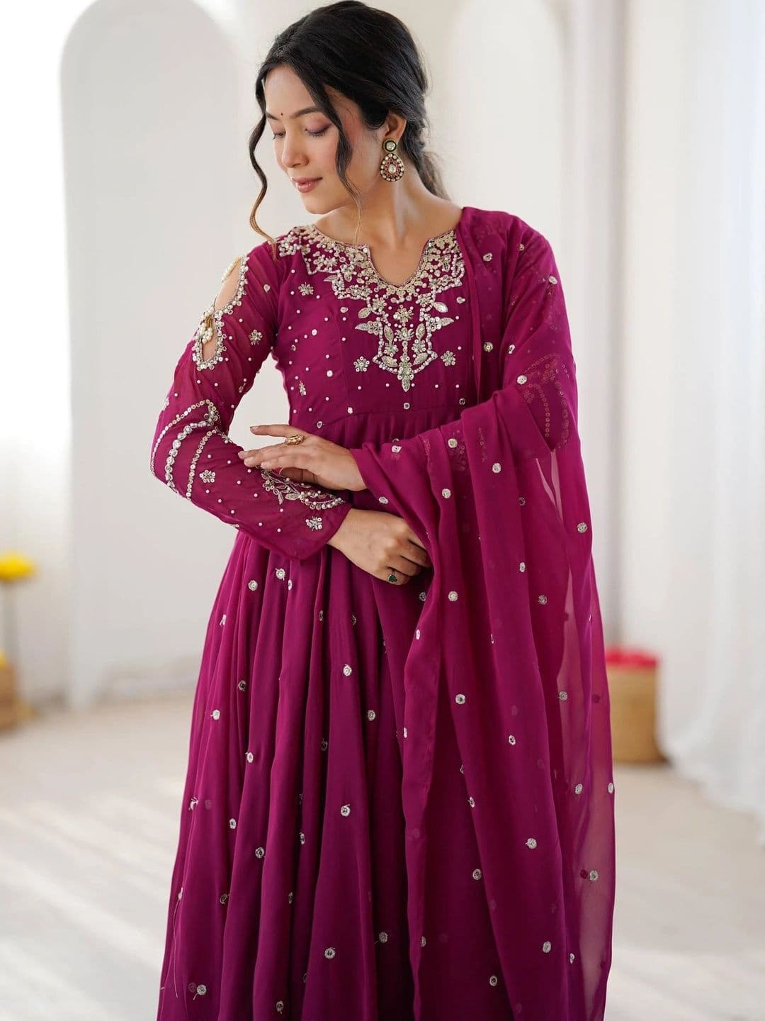 VASTRABELLA Women Ethnic Motifs Angrakha Sequinned Silk Georgette Kurta with Pyjamas & With Dupatta thumbnail 7
