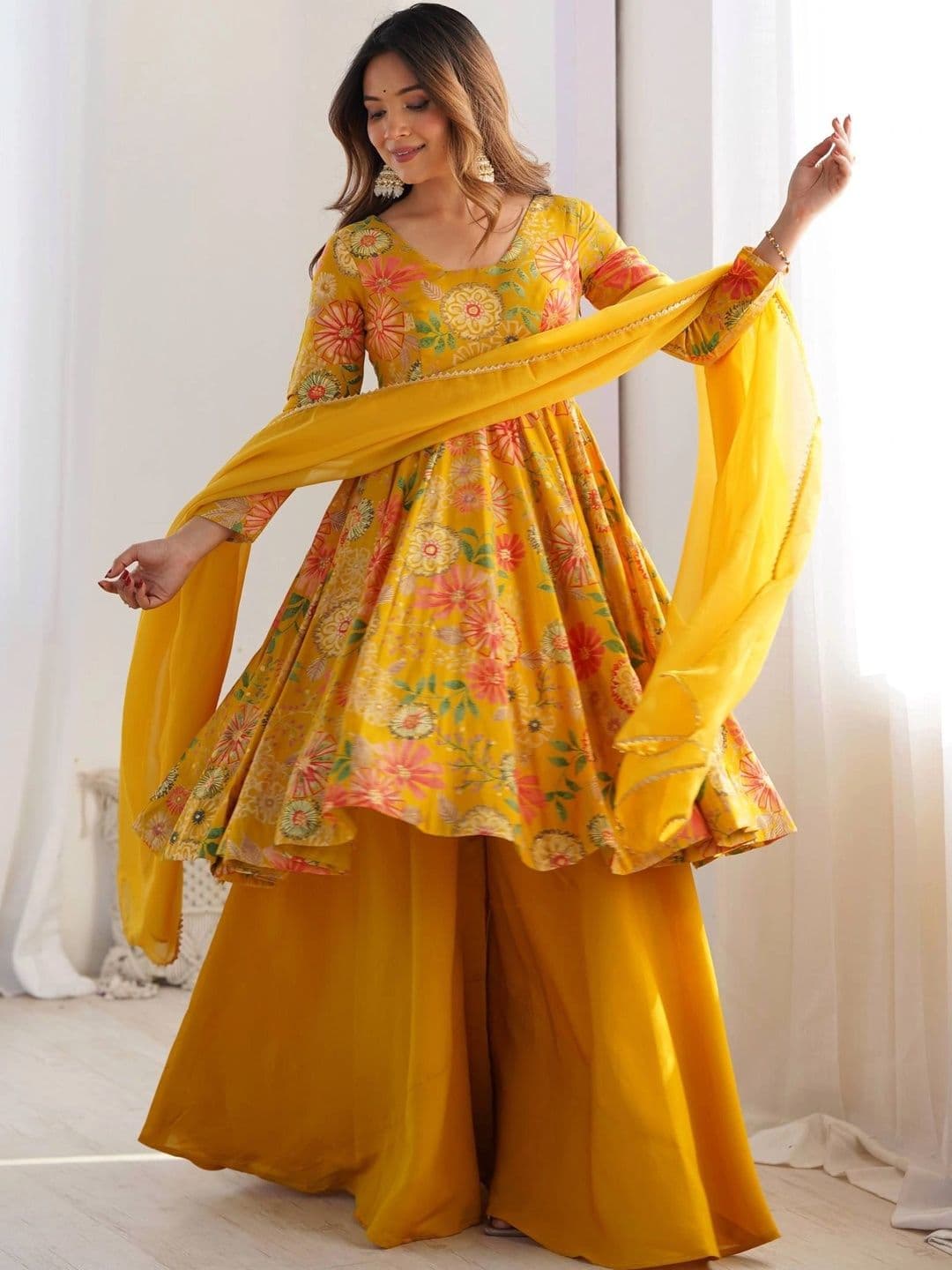 VASTRABELLA Women Floral Printed Empire Chanderi Silk Kurta with Sharara & With Dupatta thumbnail 3