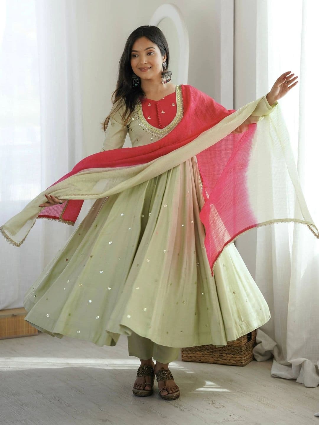 VASTRABELLA Women Embroidered Empire Mirror Work Kurta with Trousers & With Dupatta thumbnail 6