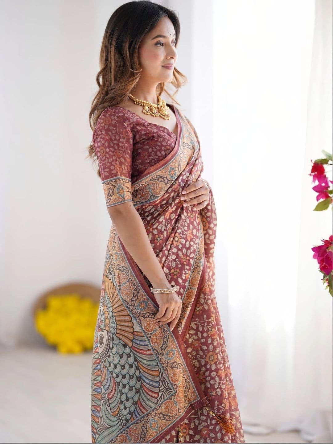 HOUSE OF PRANSHI Kalamkari Linen Blend Jamdani Saree thumbnail 5