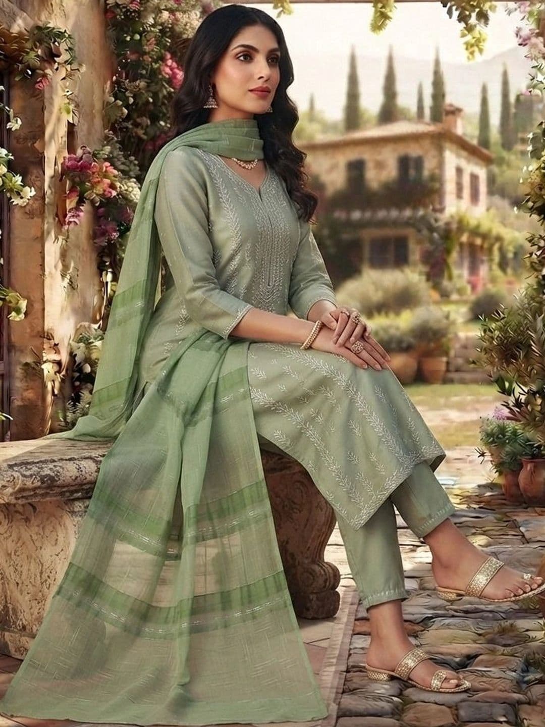 Mitera Women Regular Thread Work Chanderi Cotton Kurta with Trousers & With Dupatta thumbnail 2
