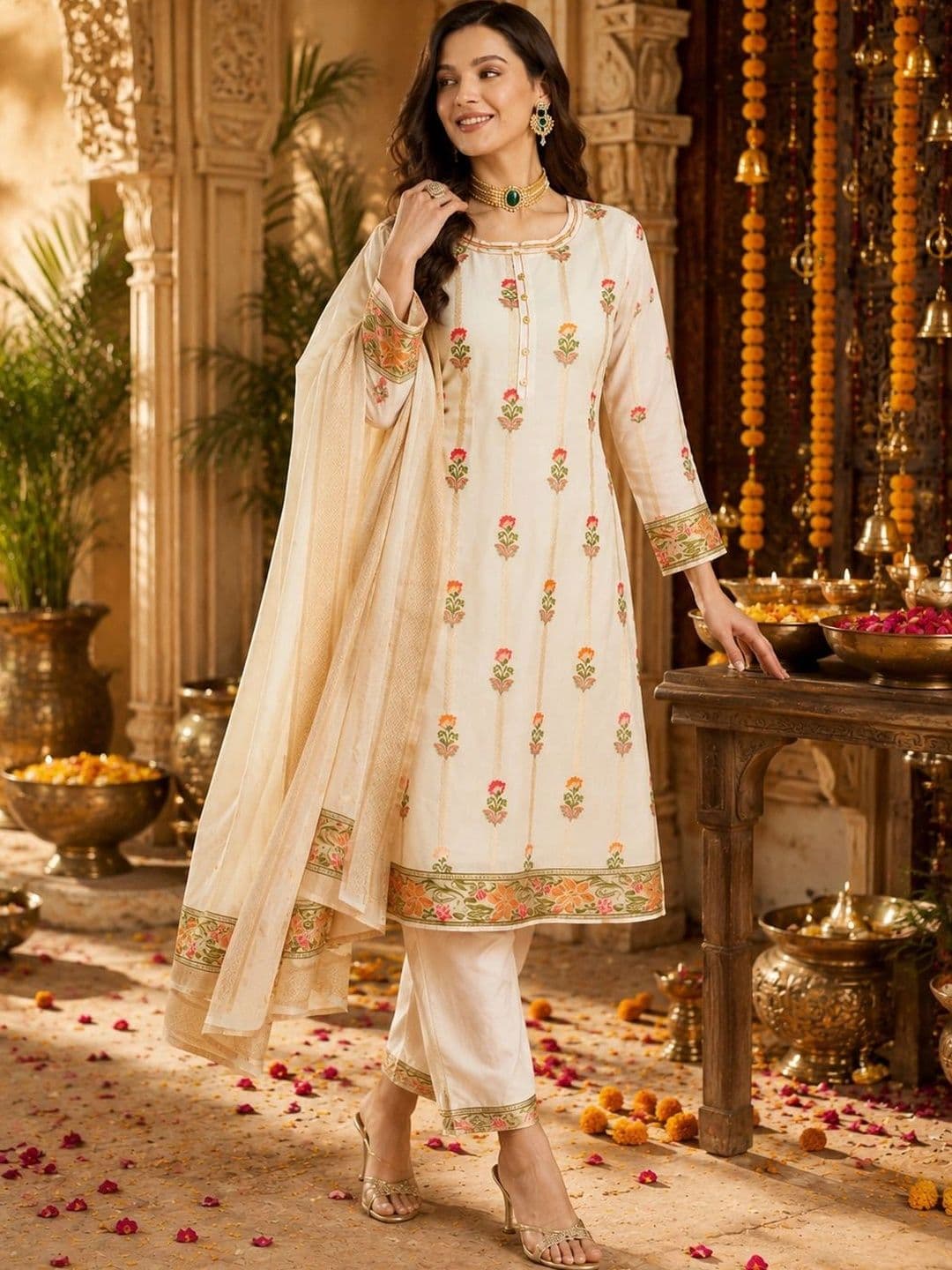 Mitera Women Ethnic Motifs Embroidered Regular Thread Work Chanderi Silk Kurta with Trousers & With Dupatta thumbnail 3