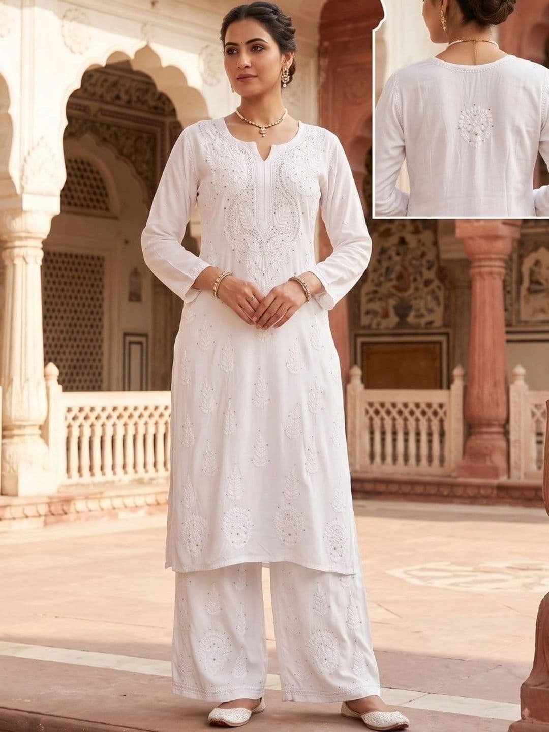 Fashion Chikan Art Women Ethnic Motifs Embroidered Regular Thread Work Kurta with Palazzos - view 1