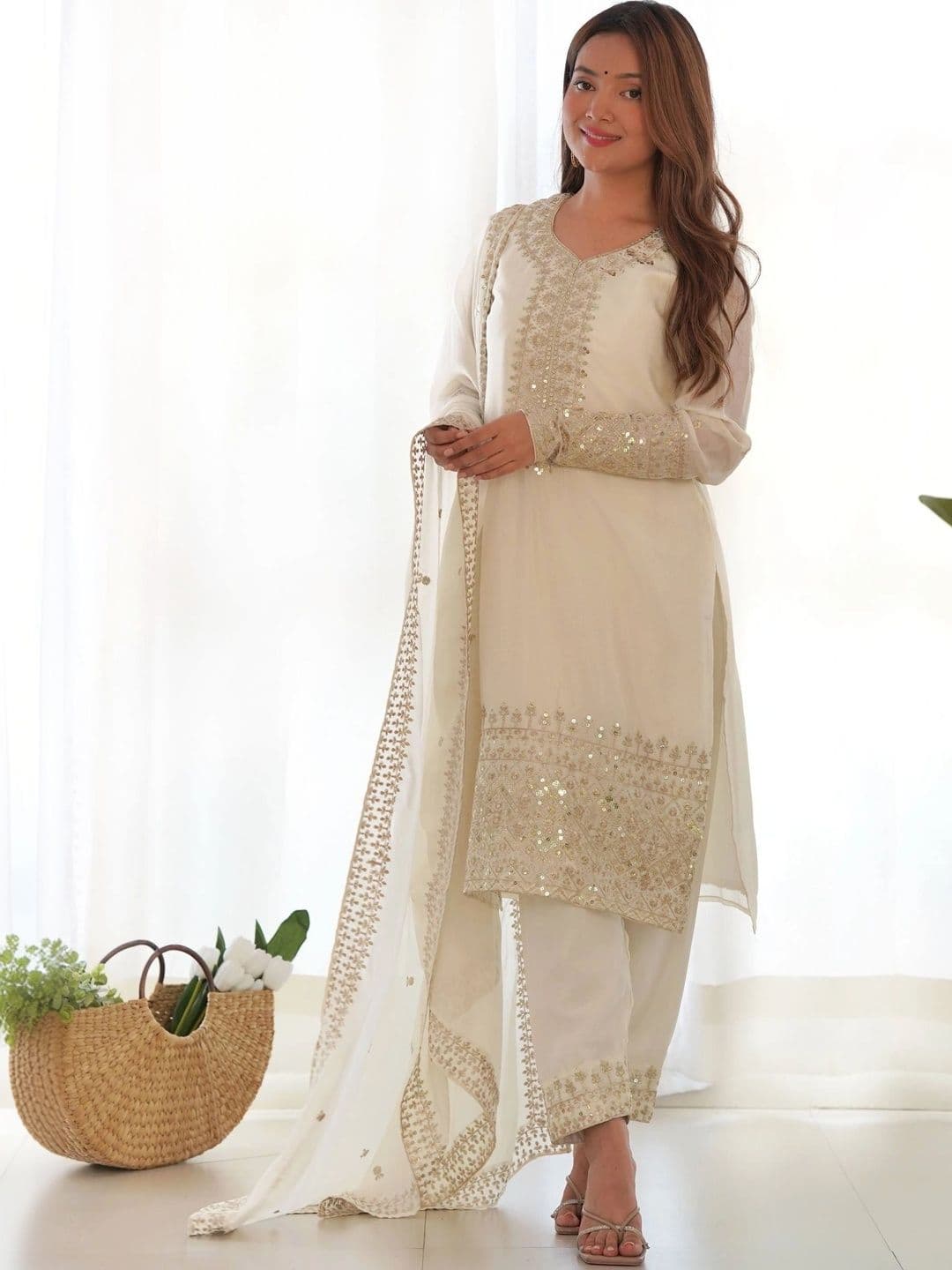 VASTRABELLA Women Ethnic Motifs Embroidered Regular Sequinned Kurta with Trousers & With Dupatta - view 1