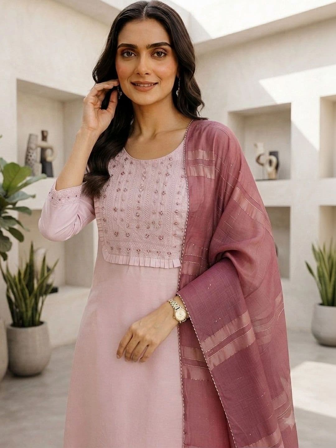 KALINI Women Ethnic Motifs Embroidered Regular Thread Work Chanderi Cotton Kurta with Trousers & With Dupatta thumbnail 6