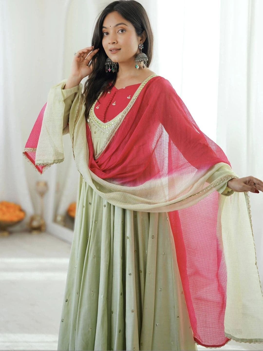 VASTRABELLA Women Embroidered Empire Mirror Work Kurta with Trousers & With Dupatta thumbnail 2