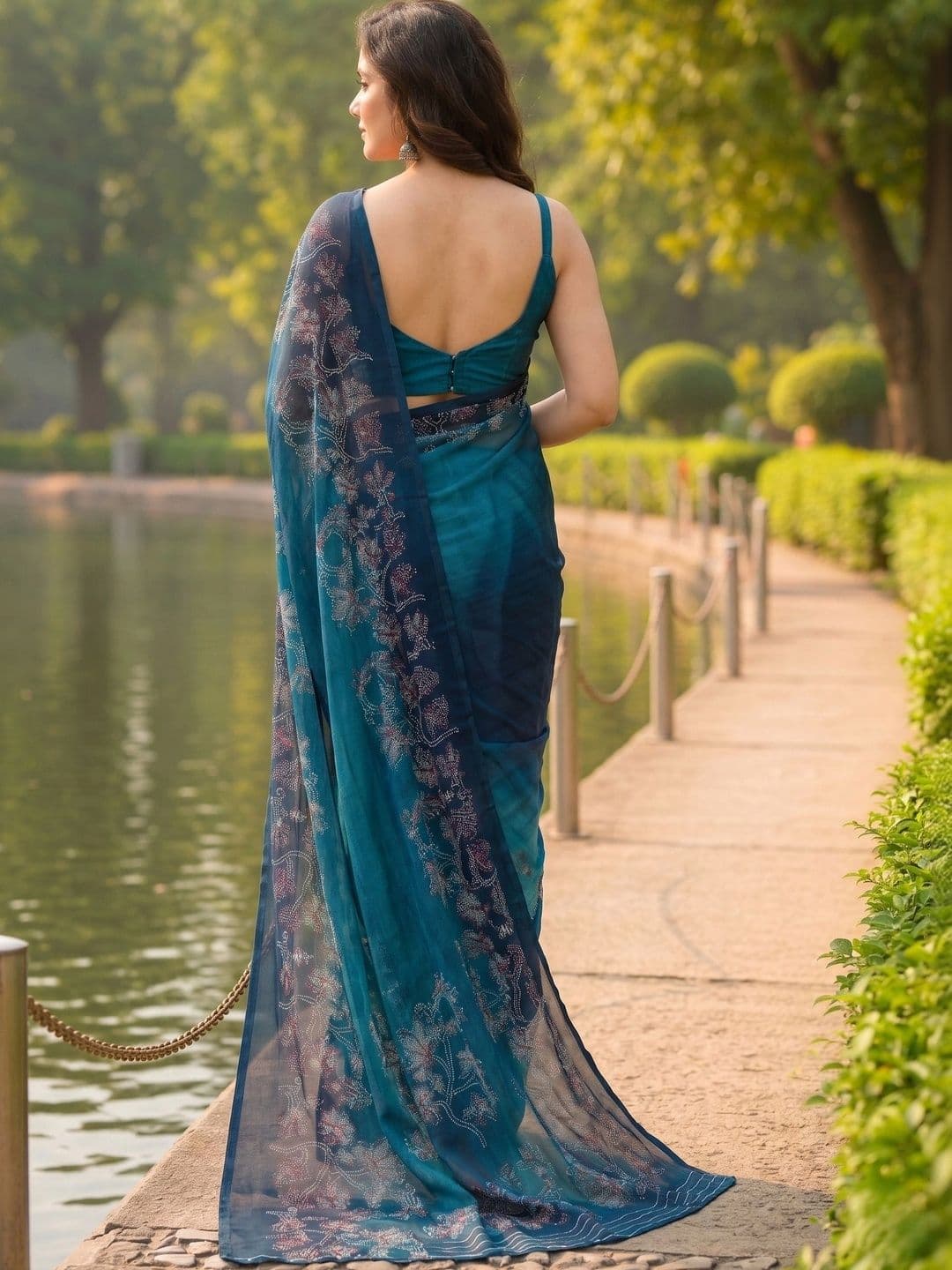 Owee Floral Zari Pure Chiffon Designer Saree thumbnail 2