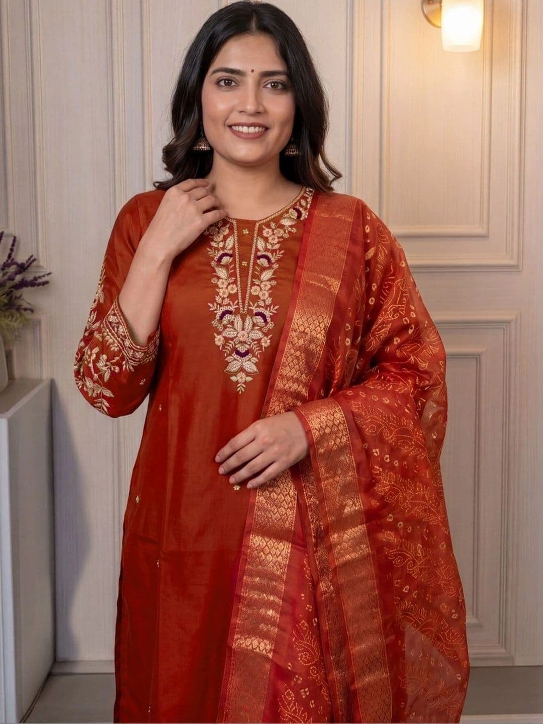 FIC FUSION CULTURE Women Ethnic Motifs Embroidered Regular Thread Work Kurta with Trousers & With Dupatta thumbnail 6