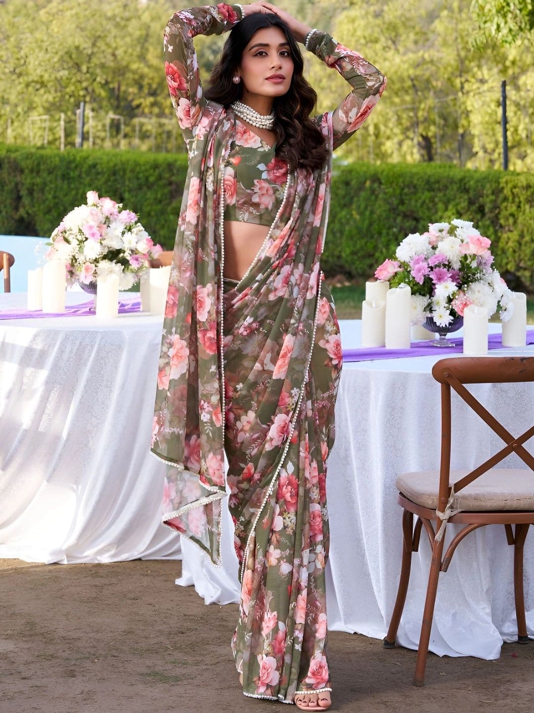 Mitera Floral Beads and Stones Pure Georgette Saree - view 1