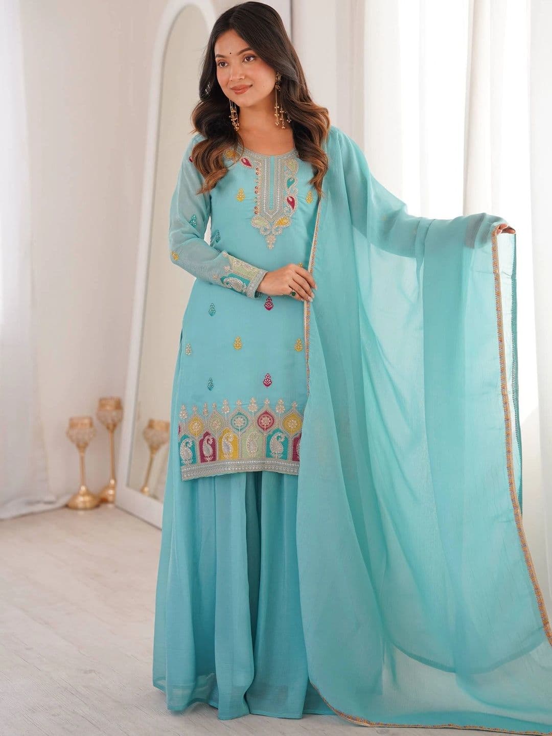 VASTRABELLA Women Ethnic Motifs Embroidered Regular Thread Work Kurta with Sharara & With Dupatta - view 1