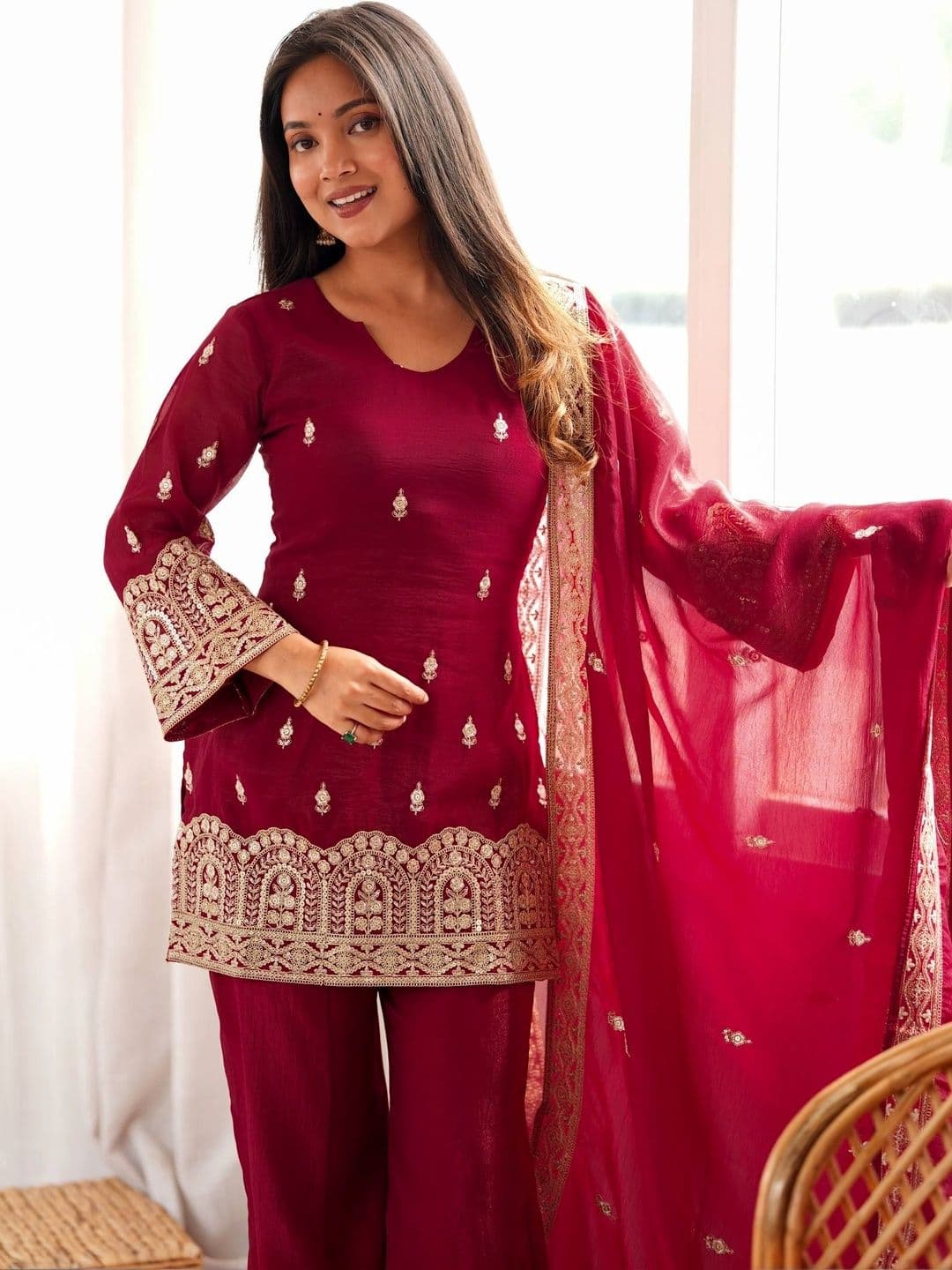 VASTRABELLA Women Ethnic Motifs Embroidered Regular Kurta with Palazzos & With Dupatta thumbnail 6