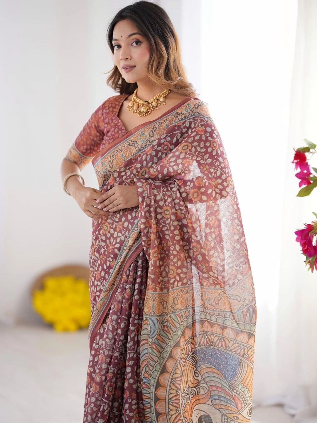 HOUSE OF PRANSHI Kalamkari Linen Blend Jamdani Saree - view 1