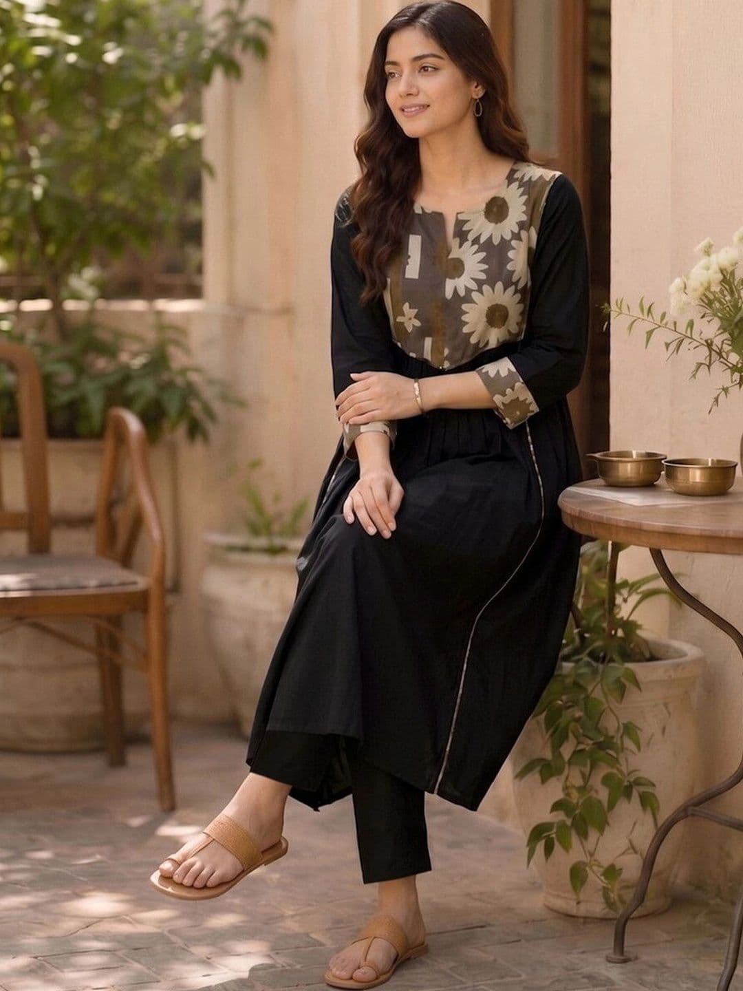 SKYLEE Women Floral Printed Empire Pure Cotton Kurta with Trousers thumbnail 3