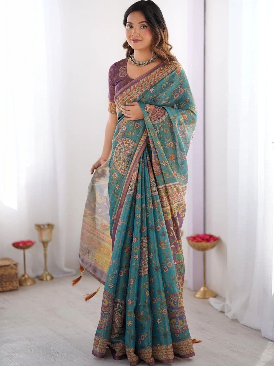 HOUSE OF PRANSHI Floral Linen Blend Jamdani Saree thumbnail 4