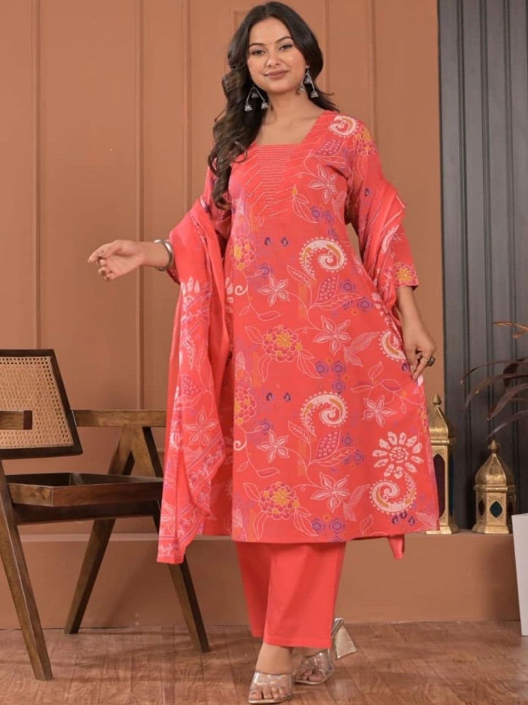 HERE&NOW Women Floral Printed Regular Pure Cotton Kurta with Palazzos & With Dupatta thumbnail 6