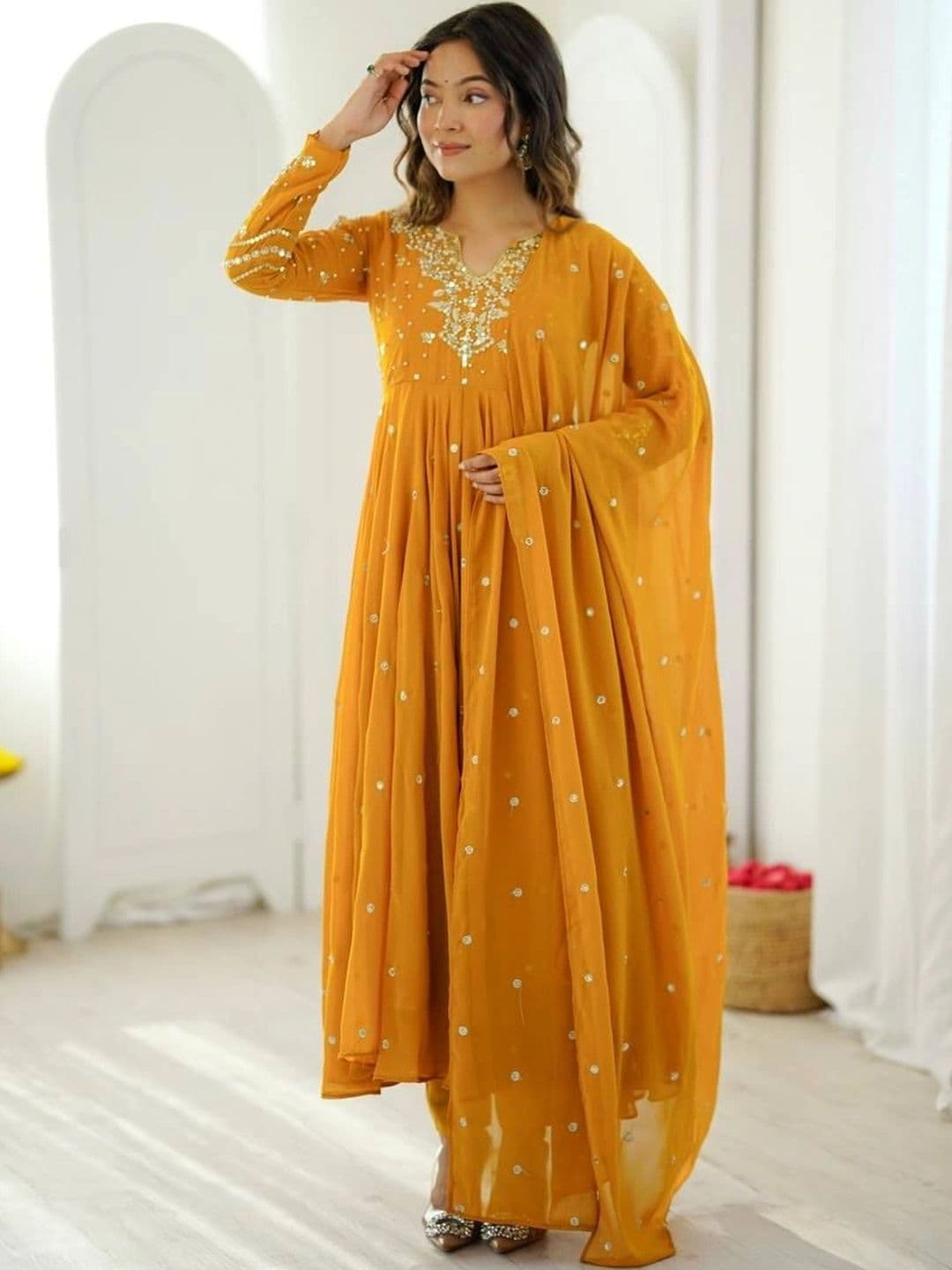 VASTRABELLA Women Embroidered Empire Mirror Work Silk Georgette Kurta with Palazzos & With Dupatta thumbnail 4