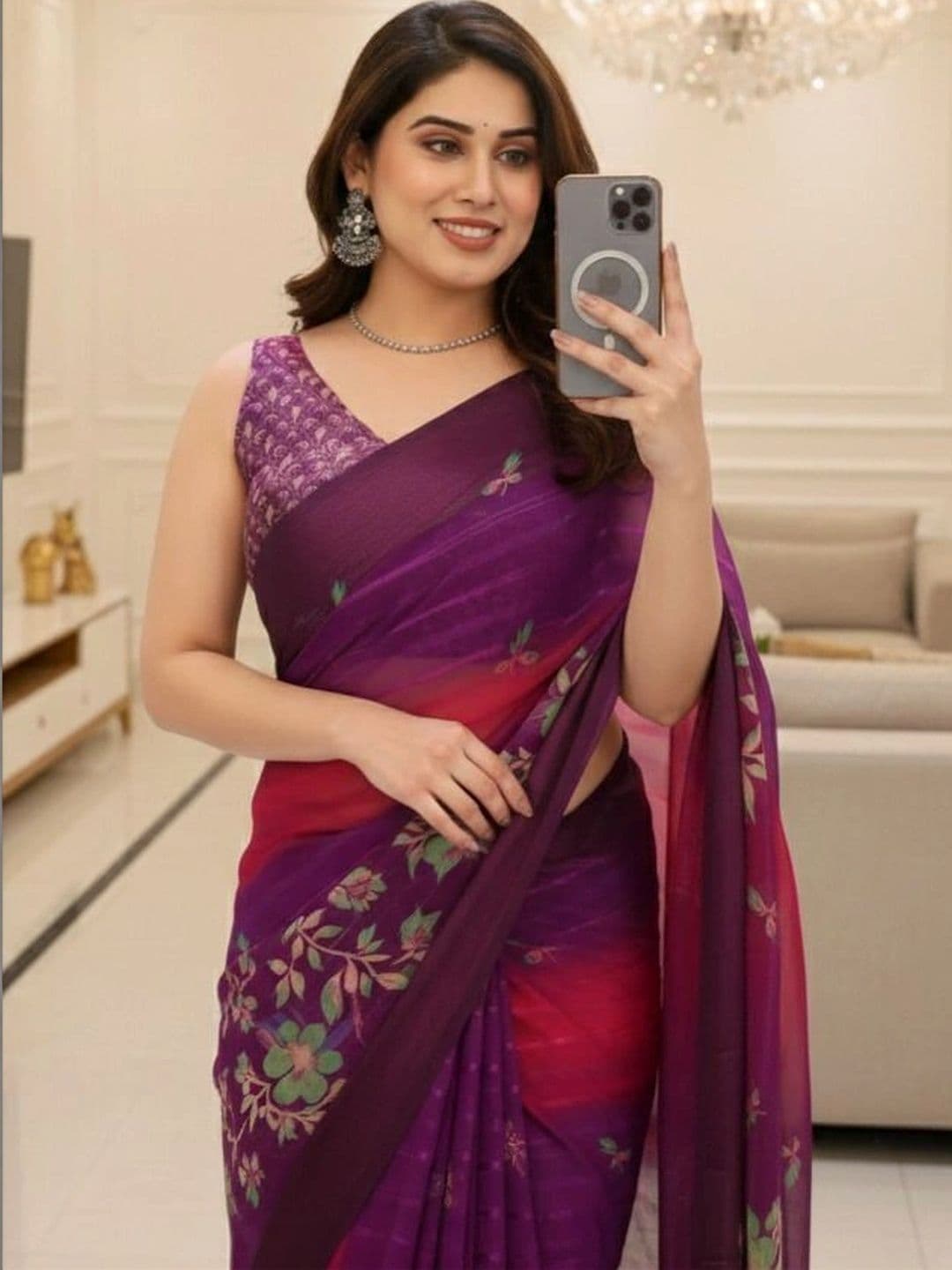 Owee Floral Pure Chiffon Designer Saree - view 1