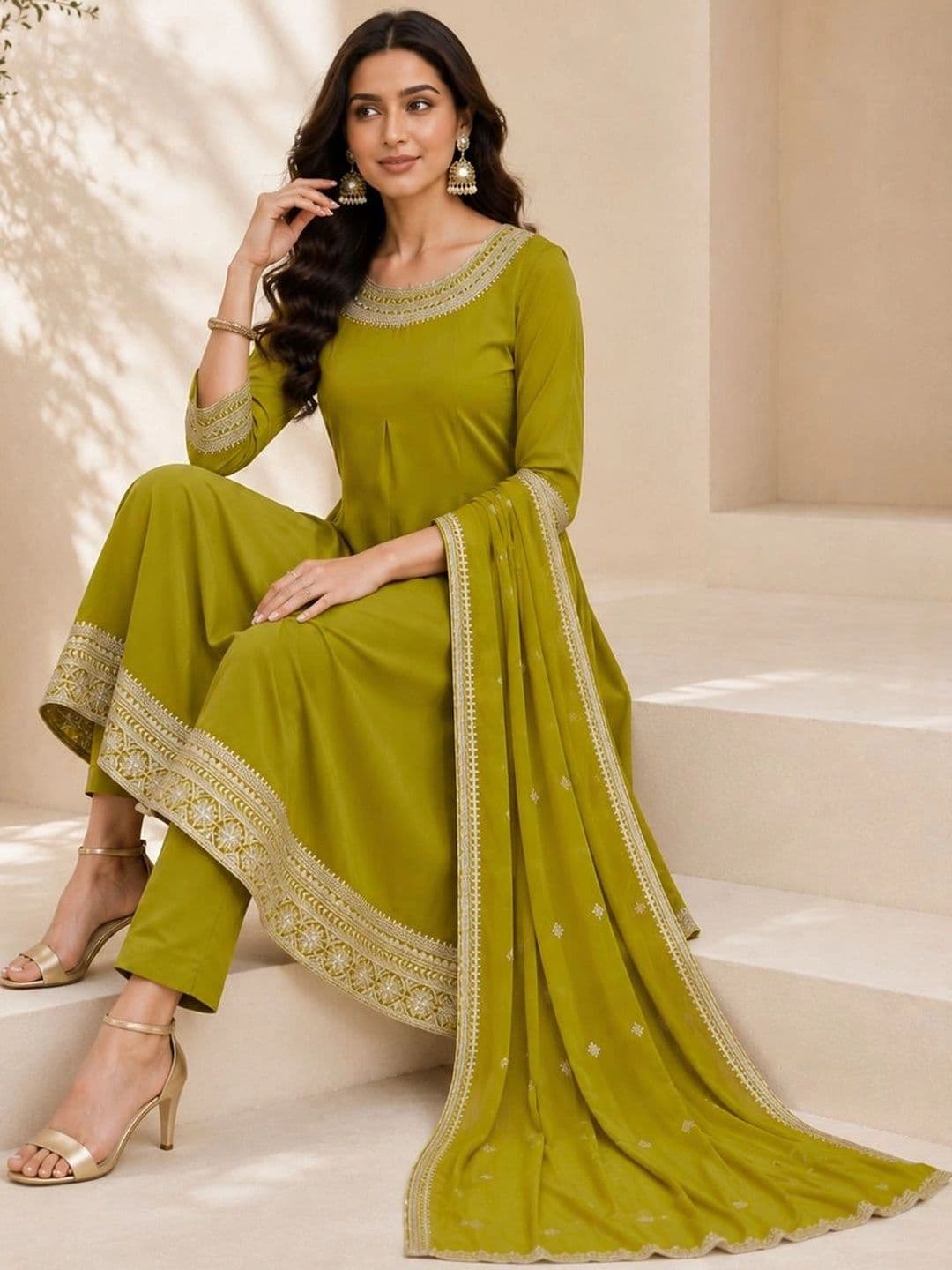 Mitera Women Ethnic Motifs Embroidered Regular Thread Work Kurta with Trousers & With Dupatta thumbnail 5