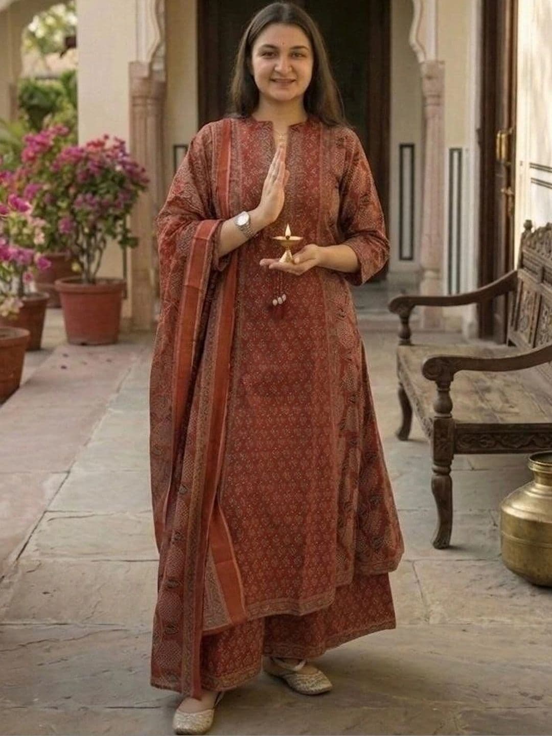 MILAAV Women Ethnic Motifs Printed Regular Pure Cotton Kurta with Palazzos & With Dupatta thumbnail 2