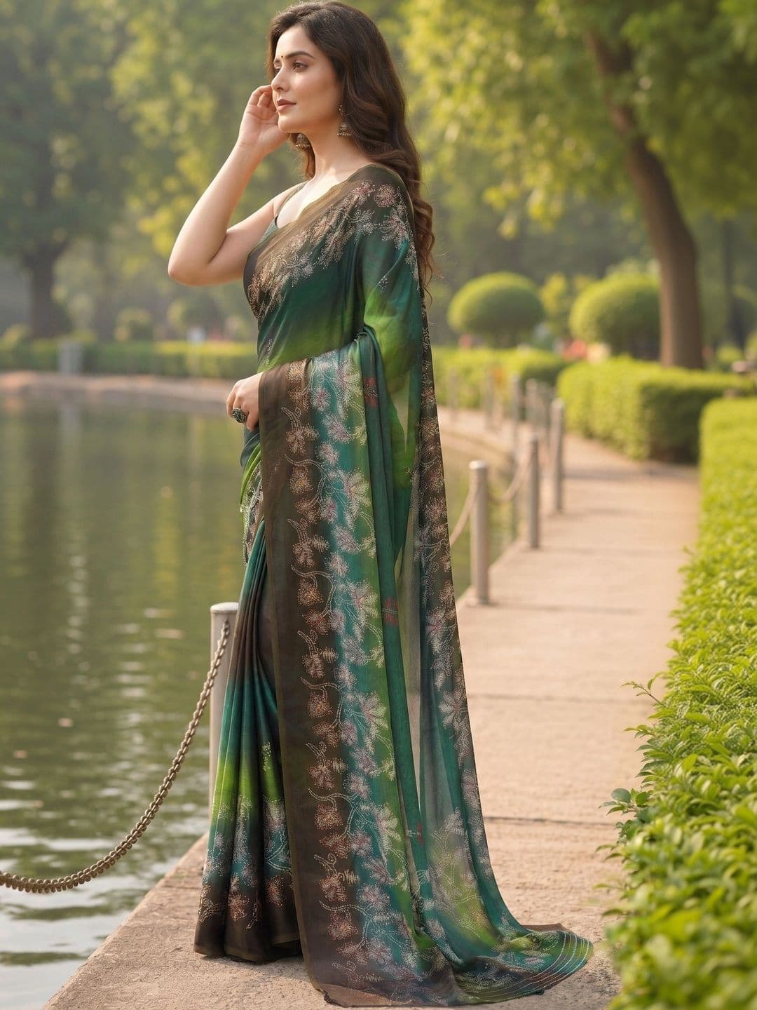 Owee Floral Embroidered Pure Chiffon Designer Saree thumbnail 2