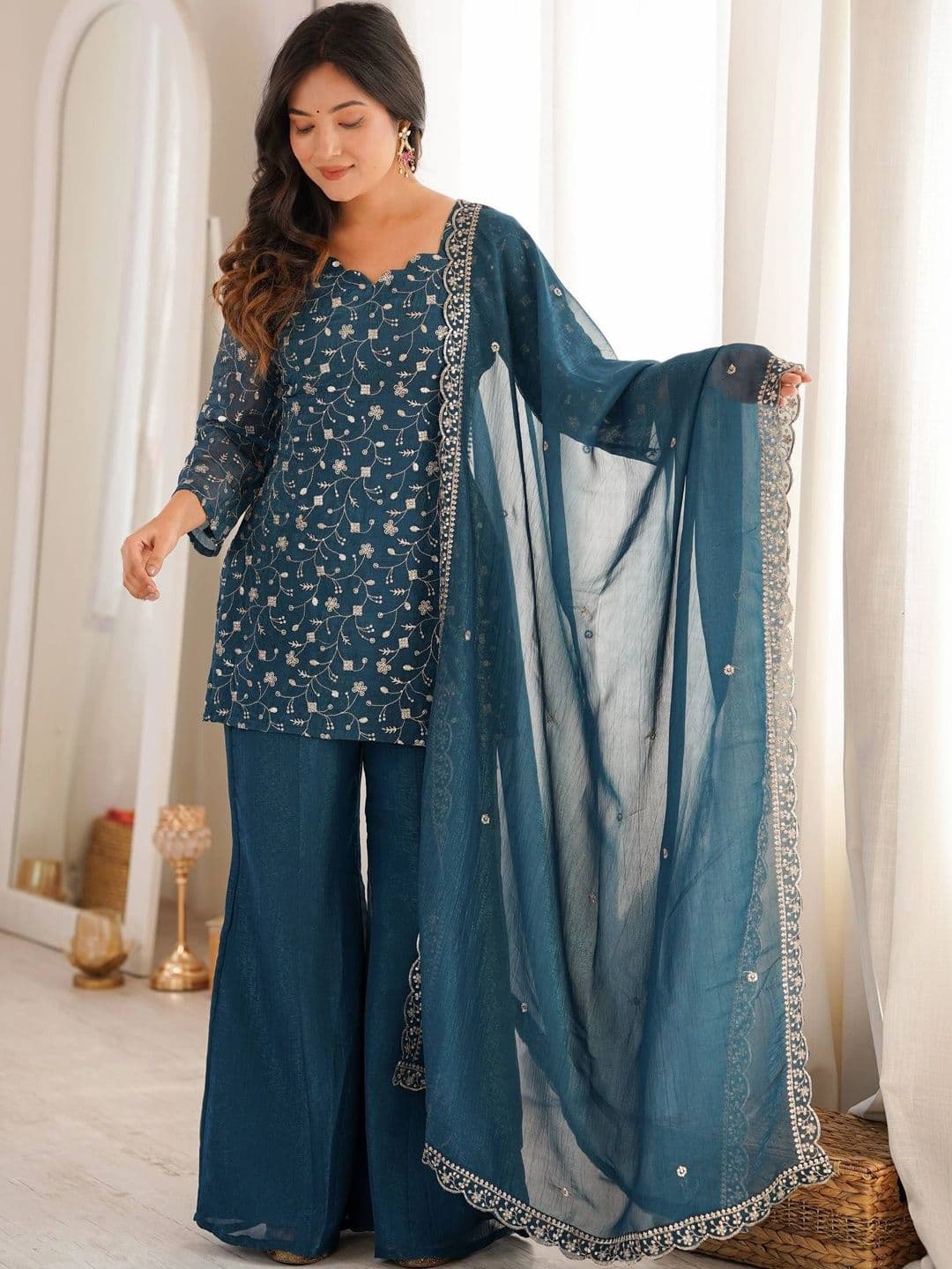 VASTRABELLA Women Ethnic Motifs Embroidered Regular Sequinned Kurta with Sharara & With Dupatta thumbnail 2