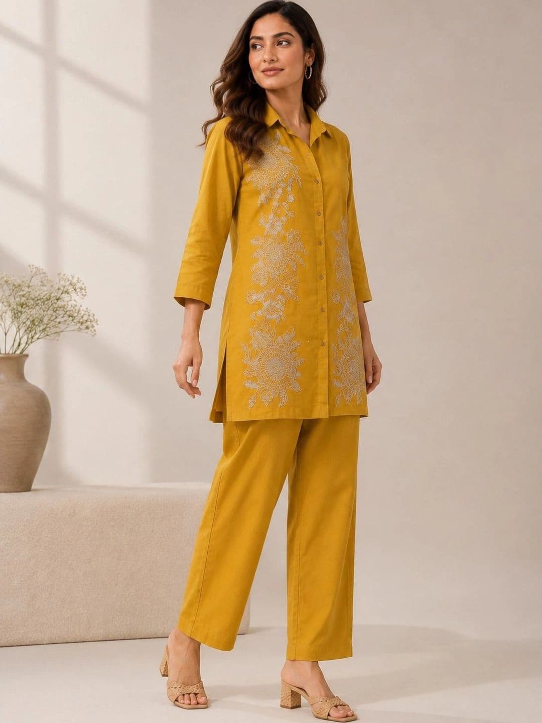 Mitera Women Ethnic Motifs Embroidered Regular Thread Work Linen Kurta with Trousers thumbnail 7