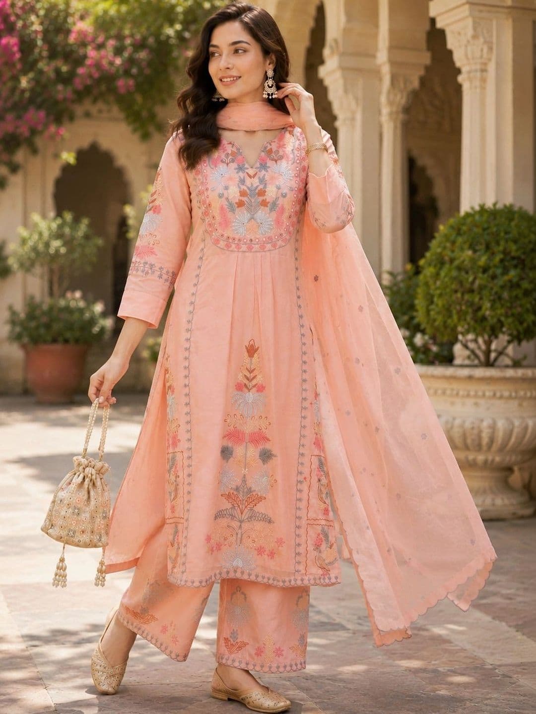Mitera Women Ethnic Motifs Embroidered Regular Kurta with Palazzos & With Dupatta thumbnail 7