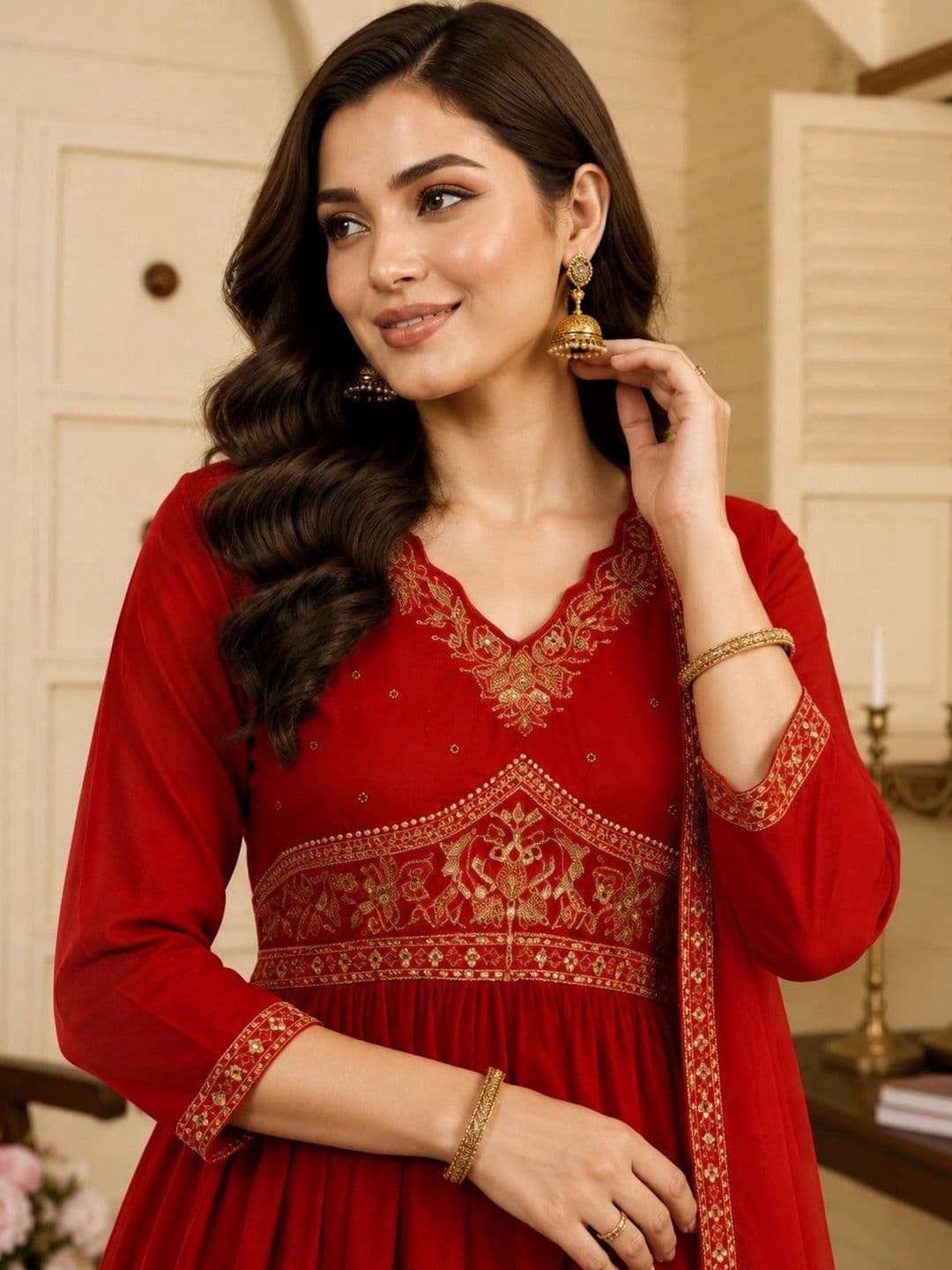 Mitera Women Ethnic Motifs Embroidered Empire Kurta with Palazzos & With Dupatta thumbnail 7